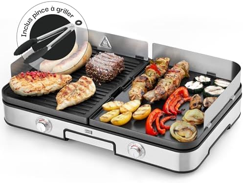LEBENLANG 2400W Plancha électrique - Avec pince à barbecue & Protection contre les éclabou...