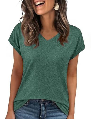 Demegimi Tee Shirt Femme Manche Courte Col V Haut Été T-Shirt Basique Uni pour Femme Quotidien,Vert,M
