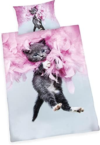 HOMHOMHA Cute Cat Duvet Cover Set Single Size for Girl Kids Bed Cover Adults Bedroom,Grey Kitty Pink Feather 3D Bedding Duvet Cover Cat Themed Bedspread,Soft Microfiber Bed Set