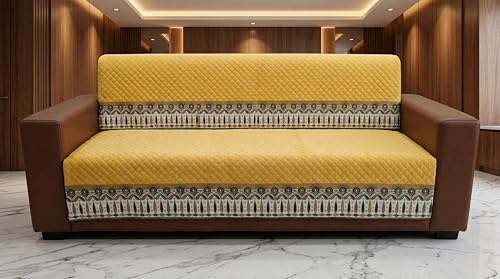 Image of KINGLY Sofa Cover 3 Seater Fully Covered | Stretchable Anti-Slip Slipcover | Washable Furniture Protector | Mustard Yellow | Set of 2 | Seat & Back |