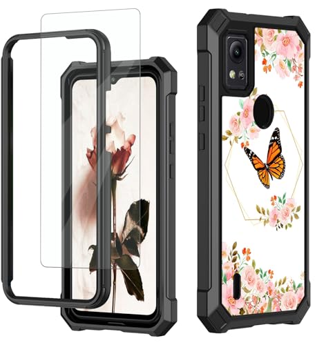 for Cricket Icon 5 Case, AT&T Motivate 4 Phone Case with Glass Screen Protector,360 Full-Body Hard PC & Soft TPU Bumper Shockproof Protective Phone Case for Icon 5th,Waterflower Flower Butterfly