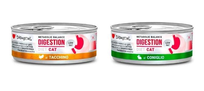 Disugual Dieta gato digestão Low Fat | Necessidades nutricionais especiais, vários sabores e misturas, (12 x 85 Gr, 6X peru 6X coelho)