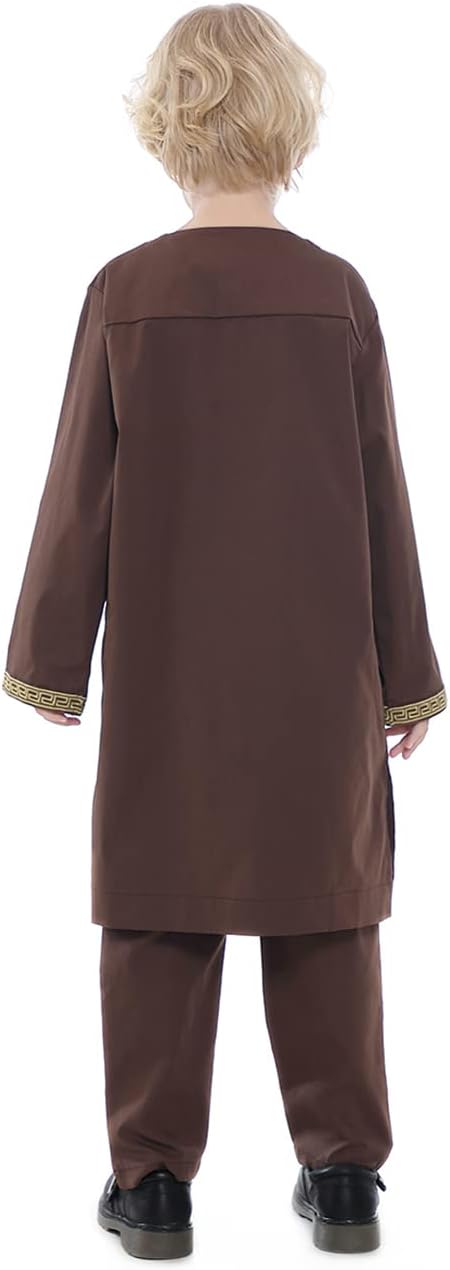 Boy's Muslim Clothing Kaftan Set - Middle East Youth Embroidered Robe Suit Round Neck Islamic Dress Arabic Wear