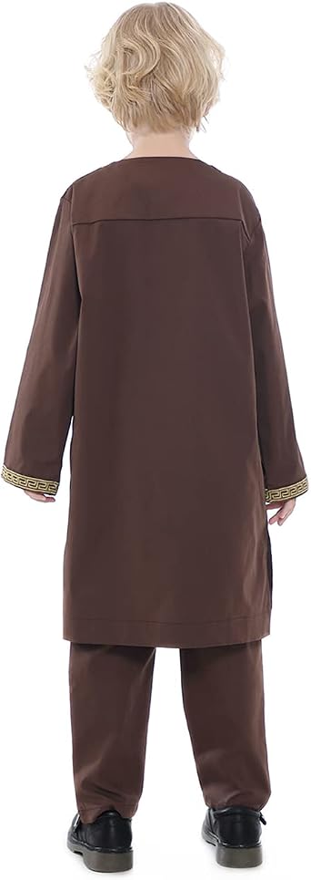 Boy's Muslim Clothing Kaftan Set - Middle East Youth Embroidered Robe Suit Round Neck Islamic Dress Arabic Wear