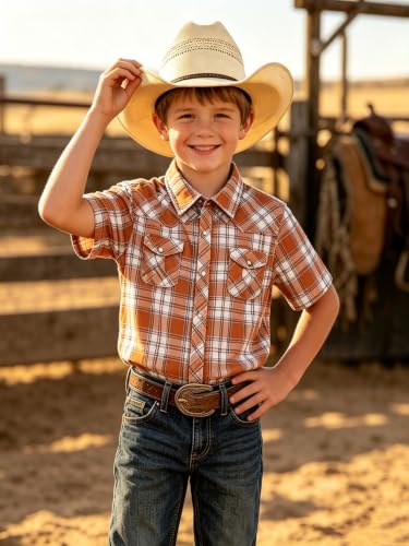 Image of COSLAND Boy's Toddler Cotton Western Short Sleeve Button Down Plaid Shirt, 4-14 Years
