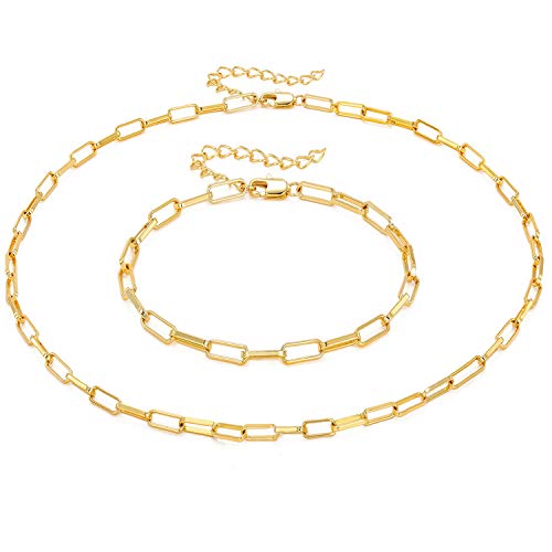 sovesi 14K Gold Plated Paperclip Chain Necklaces Set for Women Dainty Paperclip Link Necklaces and Bracelet for Women 16inch+7inch