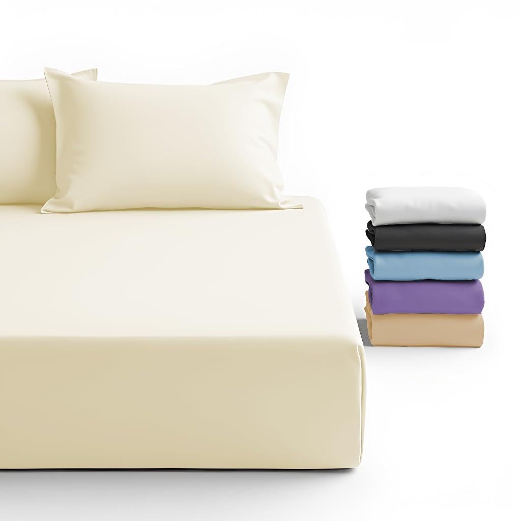 FNT 100% Brushed Microfiber Fitted Sheet, 40 cm Deep Pocket, Super Soft, Cozy, (1, Cream, King)