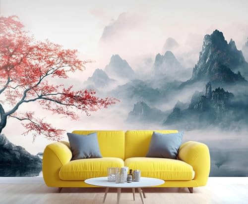 XLMING Paysage Créatif À L'Encre De Chine Feuilles Rouges 3D Papier Peint Luxe Décoration Manger Adulte Intérieure Salon Canapé Chambre Fond TV...