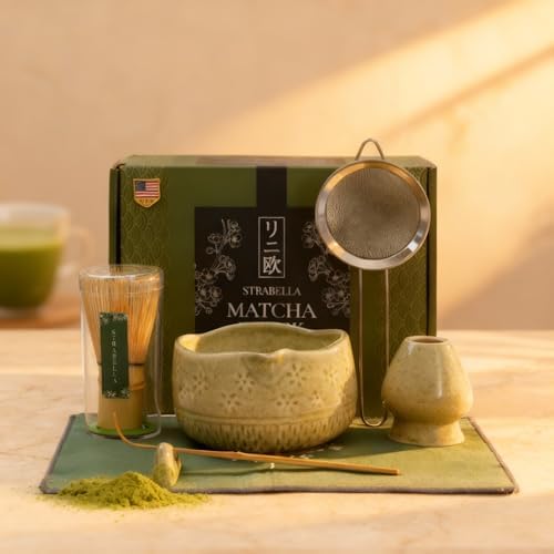 7-Piece Matcha Whisk Set – Ceramic Bowl with Spout, Bamboo Whisk & Holder, Scoop, Sifter, Tea Towel – Complete Ceremonial Tea Kit (Green)