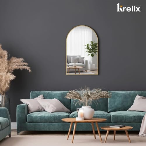 Image of 12x18 Inch Gold Arched Vanity Mirror - Modern Plastic Frame Wall Mirror for Bathroom, Bedroom & Home Decor(Gold, Cruved)