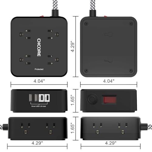 Image of Surge Protector Power Strip - CHCORE 20Ft Braided Extension Cord with 8 Outlets with 4 USB (2 USB C) Charging Ports, Flat Plug Multi Plug Outlet Extender Charging Station for Home Office, ETL, Black