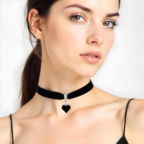 Telooco Gothic Halsband Damen Vintage Herz Trachtenkette Damen Verstellbare Samt Halskette mit Herzanhänger 90er Jahre Klassische Herz Halskette Valentinstag Halloween Schmuck (Schwarz Herz)