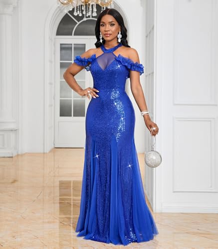 Image of Cololura Women Sexy Sequin Halter Neck Short Sleeve Mesh Perspective Party Bodycon Evening Cocktail Maxi Dress