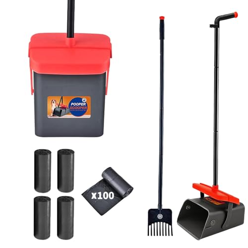 Pooper Scooper for Dogs 46 Long Handle Large & Small Breeds Yard & Outside Waste Pickup Rake with Bag Attachment & Holder Litter Scooper 100 Pet Waste Bags Pet Supplies & Dog Accessories