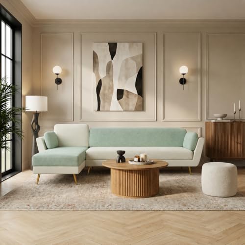 Image of Nuvola Air Premium Latex Fabric Sofa | 3, 4 & 5 Seater Options | 2 & 3-Toned Variants | Ultra-Soft Deep Seating Comfort | Modern Living Room Sofa | 3-Year Warranty (Mint Green and White, LHS, 5)