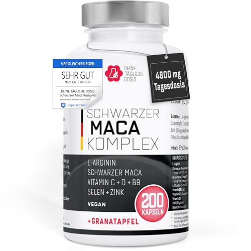 Cápsulas de maca 4800 mg por dosis diaria – 200 Maca alta dosis con L-arginina, extracto de granada, vitamina C, D, selenio, zinc y citrulina – Extracto de maca vegano 20:1 negro sin aditivos.