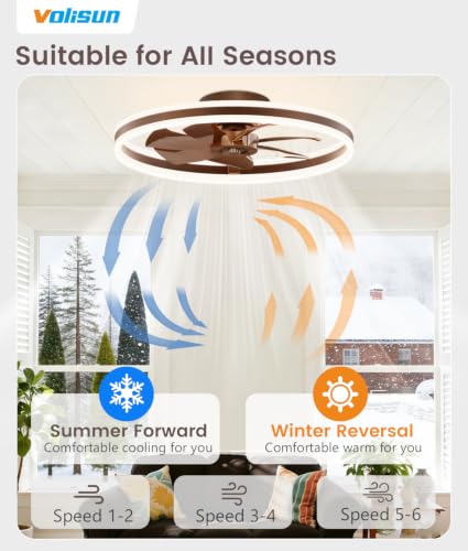 Image of VOLISUN Low Profile Ceiling Fans with Lights and Remote, 24in Flush Mount Ceiling Fans with Light, 3000K-6500K Dimmable Fandelier LED Fan Light, Farmhouse Ceiling Fans with Lights for Bedroom