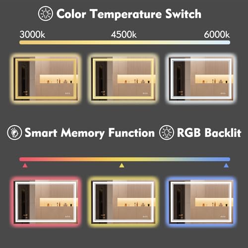 44x36 inch LED Bathroom Mirror with RGB Lights, Color Changing Backlit Mirror, Shatterproof, Dimmable Anti-Fog, Lighted Vanity Mirror (RGB Multicolor Backlit + Adjustable Front-Lighted)