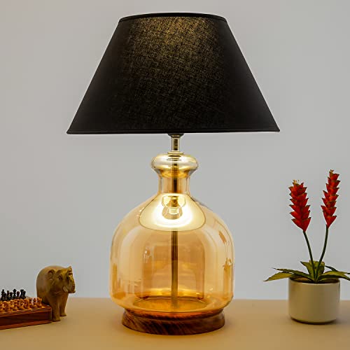 Image of Alper Mini Amber Luster Glass Table Lamp with Black Cotton Shade | Modern Designer Bedside & Living Room Decorative Table Light (Bulb Included)