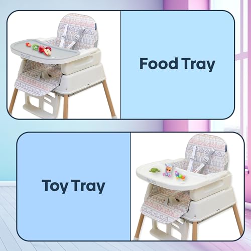 Image of POLKA TOTS 4 in 1 High Chair for Baby (Geometric Print) Multiple Recline Positions & 7 Adjustable Height Levels, with Detachable Feeding Tray, Footrest, Extra Cushioning & Wheels - 0 to 3 Years - 15kgs