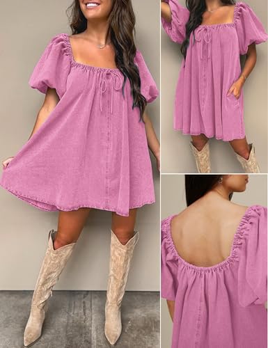 Image of Women Denim Dress Puff Short Sleeve Square Neck Jean Dress 2026 | Two Side Pockets, Babydoll Mini Dress, Stretchy Breathable Fabric, Casual Daily Outfits, Western Counrty Concert Outfits
