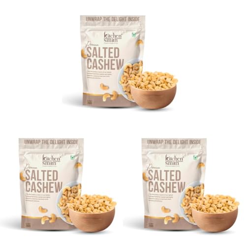 Image of KitchenSmith Premium Salted Whole Cashew - 250gm (Grade W240) | Crunchy Cashews, Kaju Dry Fruit & Cashew Nuts | Gluten Free & Plant Based Protein (Air Tight Pouch) (Pack of 3)