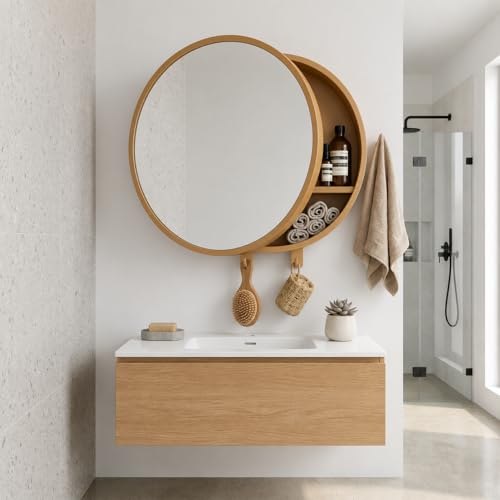 Image of CIPLA PLAST Rich Look Bathroom Cabinet with Mirror | Storage Organiser | Strong Plastic Bathroom Shelves Wall Mounted | Bathroom Accessories| Mirror Cabinet (2, Champagne Gold, Round)