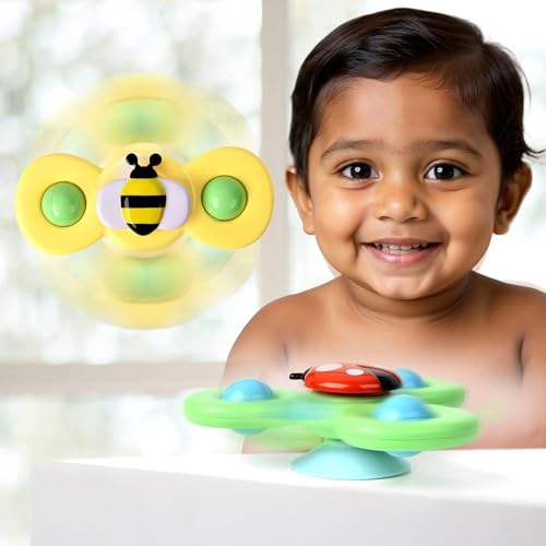 Image of 3Pcs Silicone Suction Cup Base Spinning Bath Toy Sensory Fidget Baby Bath Spinning Bath Toys for Toddlers & Infants Sticks to Window Table Baby High Chair Tray Bath