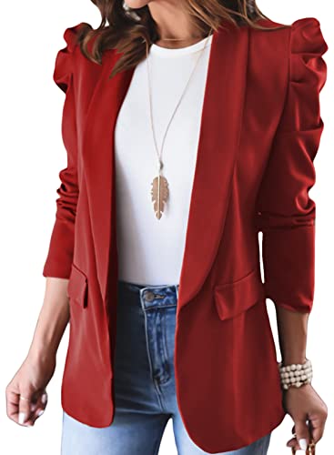 Happy Sailed Womens Business Blazer Top Casual Ruched Puff Sleeve Pocket Blazers Jacket Suits Stylish Lapel Collar Open Front Blazer Work Clothes For Women Red Small #TOP16