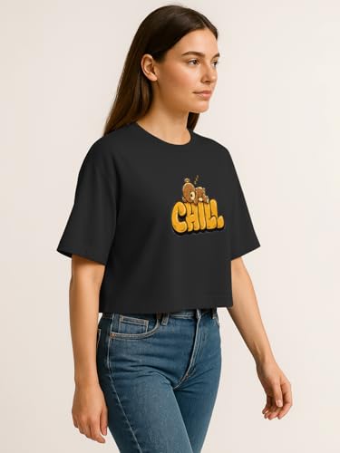 Image of HELLCAT Beige Printed Loose Fit Crew-Neck Crop T-Shirt for Women
