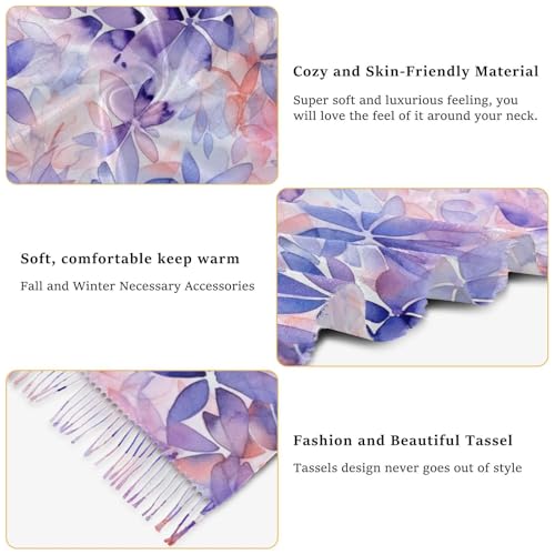 Women's Scarf, Faux Pashmina Soft Lightweight Shawl Wrap, Watercolor Purple Flower Print Fashion Scarves4