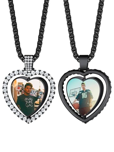 Custom4U Custom Spinning Double Faced Diamonds Picture Black Pendant Personalized 2 Sided Photo Necklace Bling Bling Heart Charm Hip Hop Jewelry