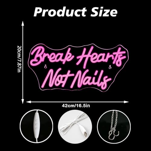 Image of Break Heart Not Nails Neon Sign for Wall Decor,Neon Light Pink LED Neon Light for Bedroom Nails Salon Beauty Room Shop Decoration Gift
