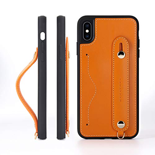 iPhone XsMax グリップケース レザー 本革 ストラップ付属 イタリア製牛革 ヌメ革 片手操作 カード収納 スタンド機能 メンズ レディース オレンジ