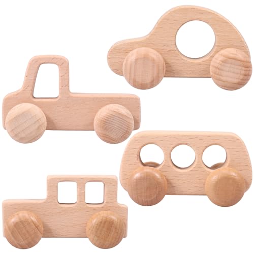 4Pcs Wooden Cars Vehicles Sensory Grasping Motor Skill Push & Go First Trucks for Boys & Girls Toddlers 6 to 18 Months Natural Beech Wood Baby Chewing Toys