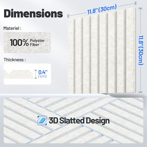 Image of 20 Pack Sound Proof Foam Panels for Walls, Acoustic Panels Self-Adhesive | 12 inch X 12 inch X 0.4 inch Slatted Soundproof Wall Panel, High Density Sound Absorbing Panel for Gaming Recording Studio Decor-Ivory