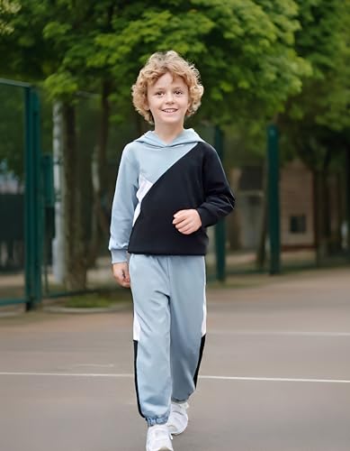 Image of Boys Clothes 2pcs Tween Boy Color Block Hoodie + Pants Little Boys Fall Winter Outfits Set, 4-12 Years