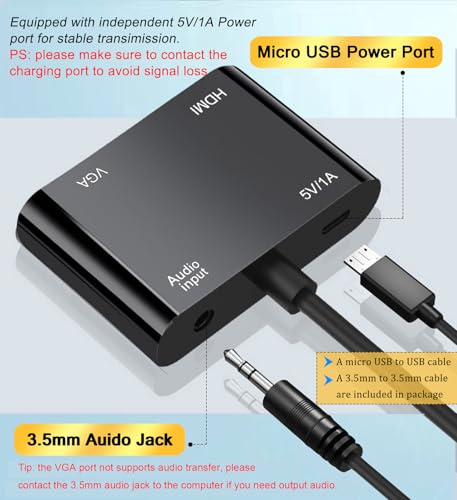 VGA to HDMI+VGA Adapter for Dual Monitors, VGA to HDMI Adapter Splitter 2 in 1,1080P@60HZ Full HD Display Video Converter for PC Laptop Link Monitor/HDTV/Projector (for Windows & MaC os)
