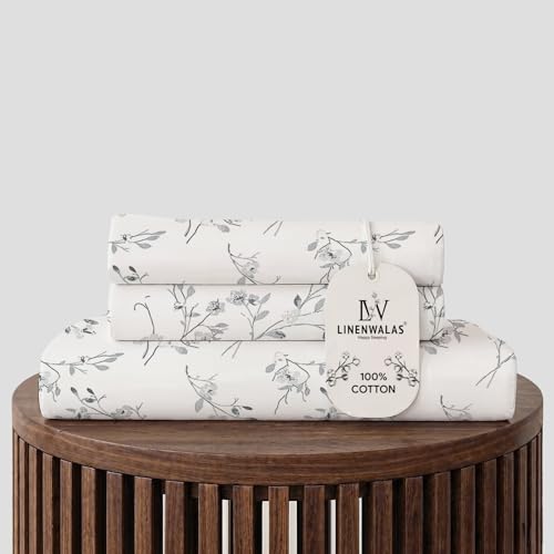 Image of LINENWALAS 100% Cotton Elastic Fitted Bed Sheet for Double Size Bed | Fits 6-12 Inch Mattress | Soft Breathable, OEKO-TEX Certified Premium Bedsheet with 2 Pillow Cover (72x72 Inches, Grey Monochrome)