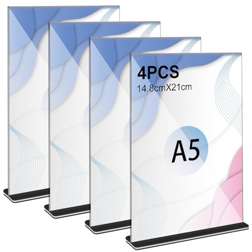 Thboxes 4 Stück Tischaufsteller A5, Transparent Preisschilder Aufsteller Acryl T-Ständer Doppelseitig Tischständer für Menükarten Prospekte Werbung Restaurant Café Büro