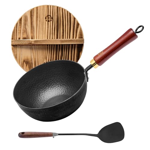 WANGYUANJI Iron Wok,Non-Coated Flat Bottom Small Wok,8.6-Inch Wrought Iron Wok with Lid and Spatula,Stir-Fry Pans Pure Iron Cookware Compatible with Induction, Gas, and Electric Ceramic Cooktops