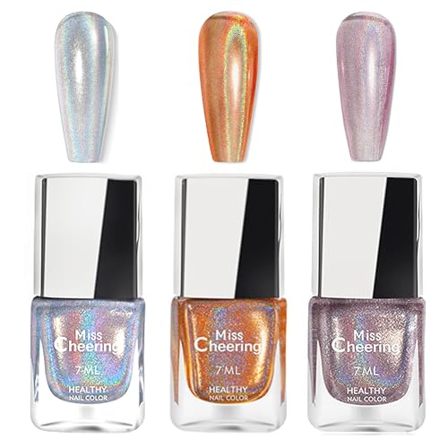 3PCS Nail Polish Set - Silver Gold Pink Holographic Nail Varnish Set - Shimmer Iridescent Nail Polish Quick Dry - Oil Base Breathable Nail Polish No Chip Long Last No Need Bake