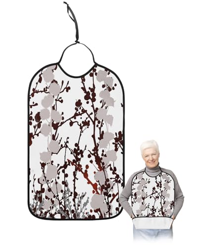 Adult Bibs for Elderly Women - Black Brown Branches Waterproof Dining Clothing Protectors with Crumb Catcher for Eating/Feeding, Watercolor Botanical Abstract Art Terry Cloth Bib Machine Washable