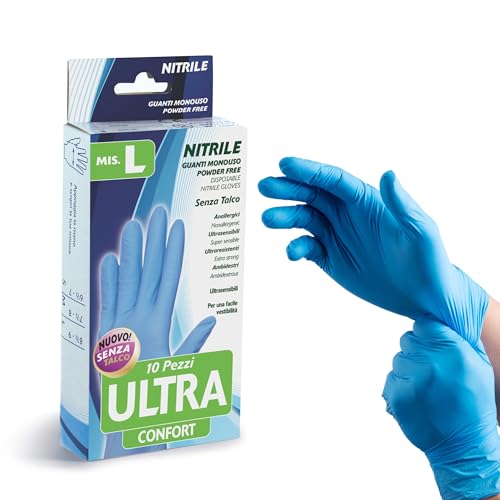 Bottari Guantes de nitrilo desechables sin talco ultra confort, paquete de 10 unidades, talla L, resistentes y cómodos
