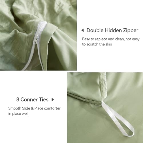 Image of JELLYMONI Light Green Duvet Cover Twin Size, 3pcs Washed Microfiber Bedding Set for Kids, Soft Breathable Seersucker Duvet Cover Set with Zipper Closure and Corner Ties for All Seasons