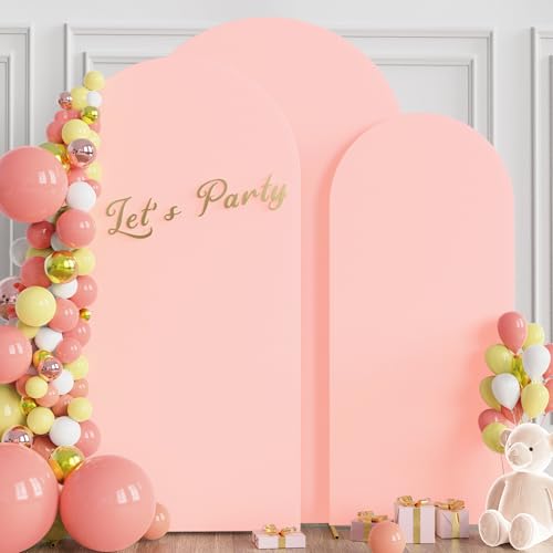Image of Wokceer Wedding Arch Backdrop Cover 7.2FT, 6.6FT, 6FT Set of 3 Spandex Fitted Blushing Pink Arch Covers for Round Top Chiara Arch Backdrop Stands Cover for Birthday Party Ceremony Decor