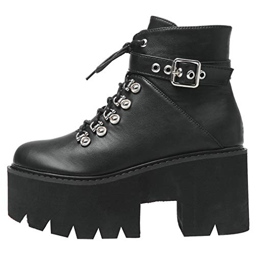 Image of Parisuit Womens Goth Patent Ankle Boots Platform Chunky Combat Boots | Lace Up, Gothic Boots, High Heel, Punk Short Booties, Buckle Boots, Chain Boots