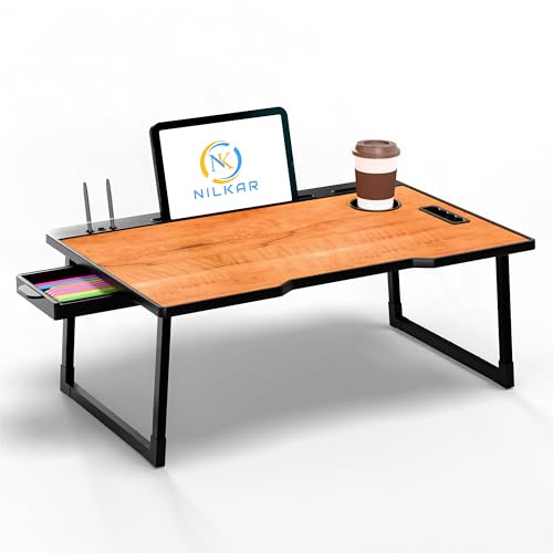 Image of Laptop Table Smart Multipurpose Foldable Laptop Table with Cup Holder, Study Table, Bed Table, Breakfast Table, Foldable and Portable /Ergonomic & Rounded Edges /Non-Slip Legs (COTTED WOODD)