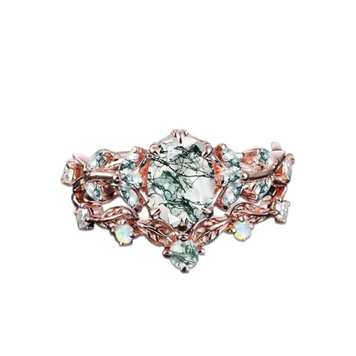 Natural Moss Agate Engagement Ring Set for Women 925 Sterling Silver 10K 14K 18K Rose Gold 2 Carat Moss Agate Wedding Ring Set Inspired Leaf Bridal Ring Set for Women