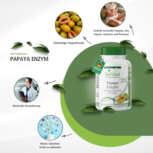 fairvital Papaya Enzym Tabletten, 100 Tabletten, schluckfreundlich, HOCHDOSIERT, VEGAN, mit Papain, Amylase und Protease